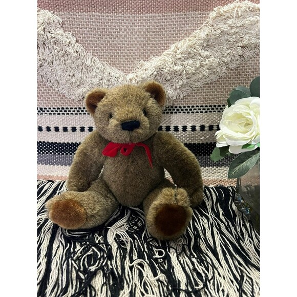 Gund Other - Gund 1983 Dark Brown Jointed Teddy Bear w/ Red Bow 14”